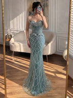 Luxury Nude Crystal Beaded Strapless Peplum Mermaid Dress LA73400B