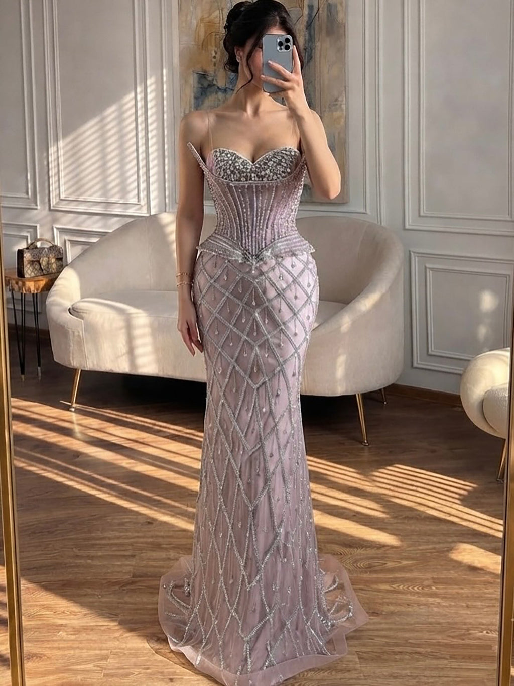 Luxury Nude Crystal Beaded Strapless Peplum Mermaid Dress LA73400B