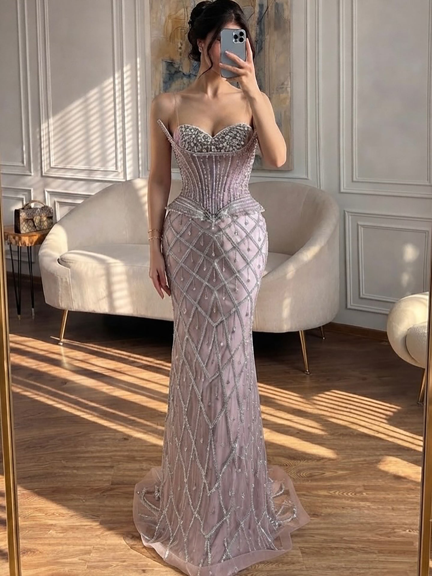 Luxury Nude Crystal Beaded Strapless Peplum Mermaid Dress LA73400B