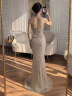 Luxury Nude Crystal Beaded Strapless Peplum Mermaid Dress LA73400B