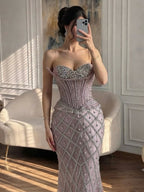 Luxury Nude Crystal Beaded Strapless Peplum Mermaid Dress LA73400B