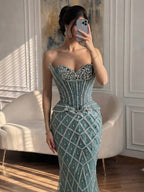Luxury Nude Crystal Beaded Strapless Peplum Mermaid Dress LA73400B