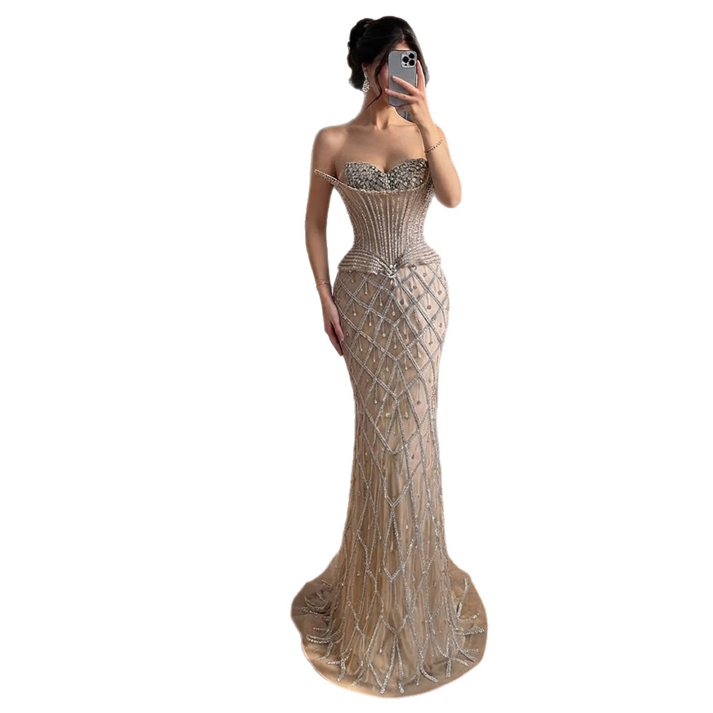 Luxury Nude Crystal Beaded Strapless Peplum Mermaid Dress LA73400B