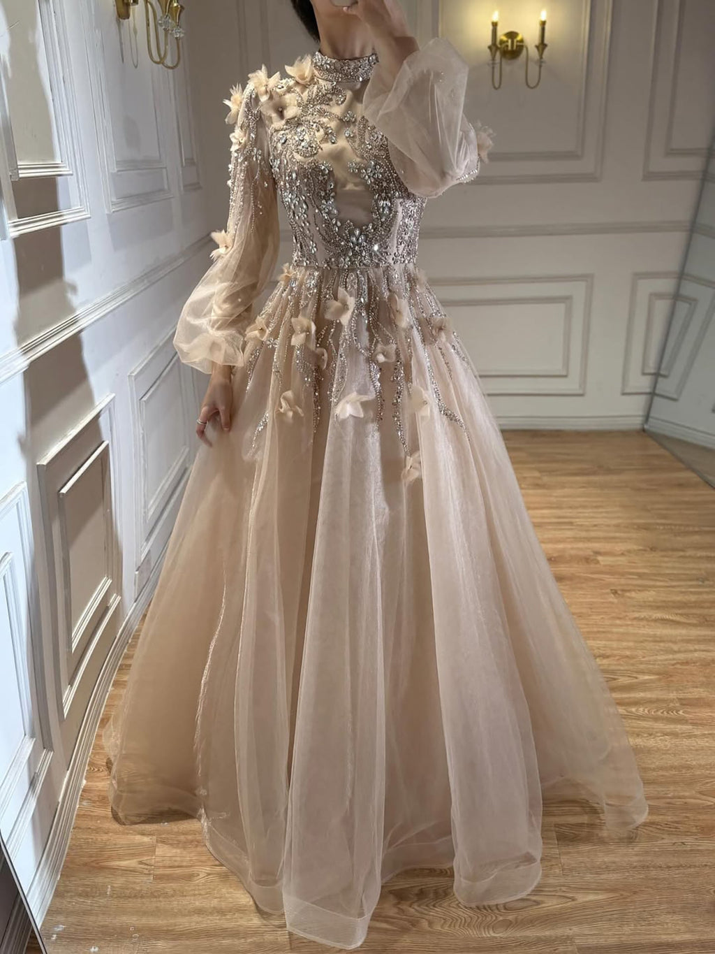 Luxury Nude Crystal Beaded Long Sleeve A-Line Evening Dress CLA73406
