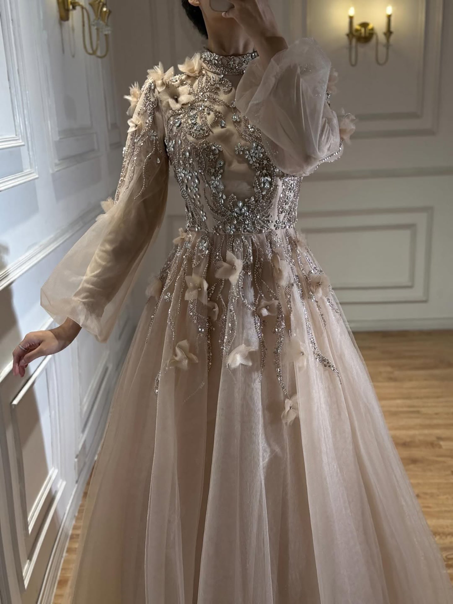 Luxury Nude Crystal Beaded Long Sleeve A-Line Evening Dress CLA73406