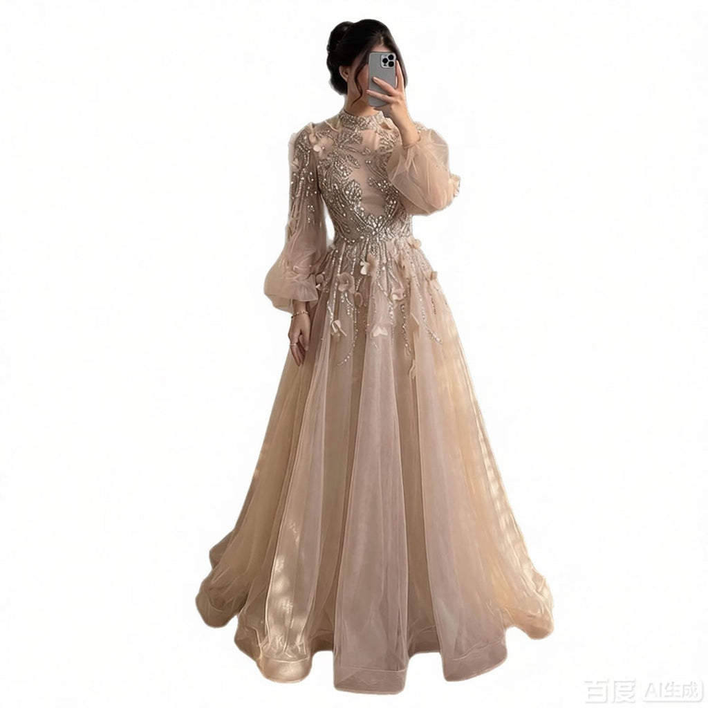 Luxury Nude Crystal Beaded Long Sleeve A-Line Evening Dress CLA73406