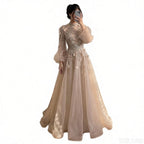 Luxury Nude Crystal Beaded Long Sleeve A-Line Evening Dress CLA73406