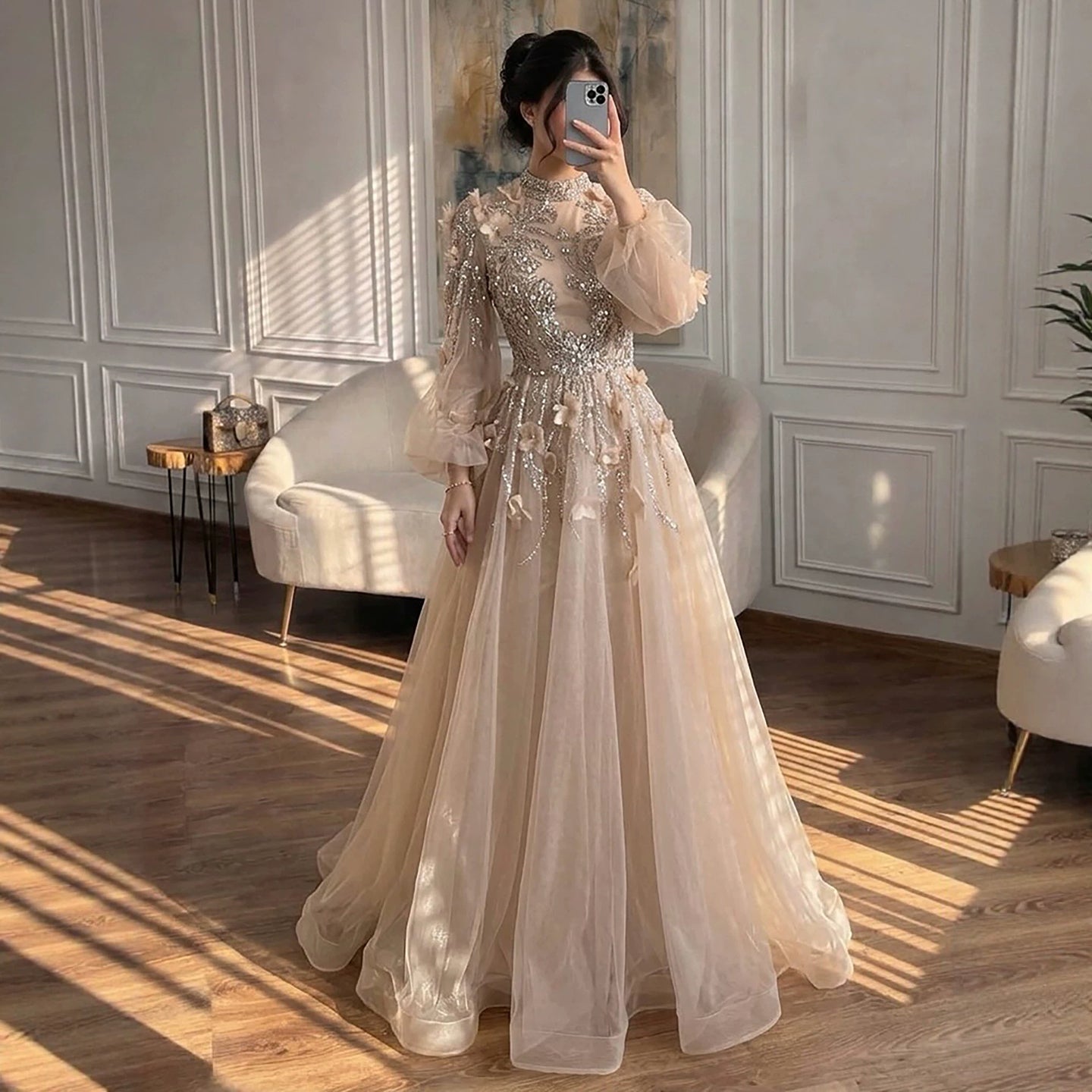 Luxury Nude Crystal Beaded Long Sleeve A-Line Evening Dress CLA73406