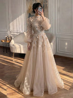 Luxury Nude Crystal Beaded Long Sleeve A-Line Evening Dress CLA73406