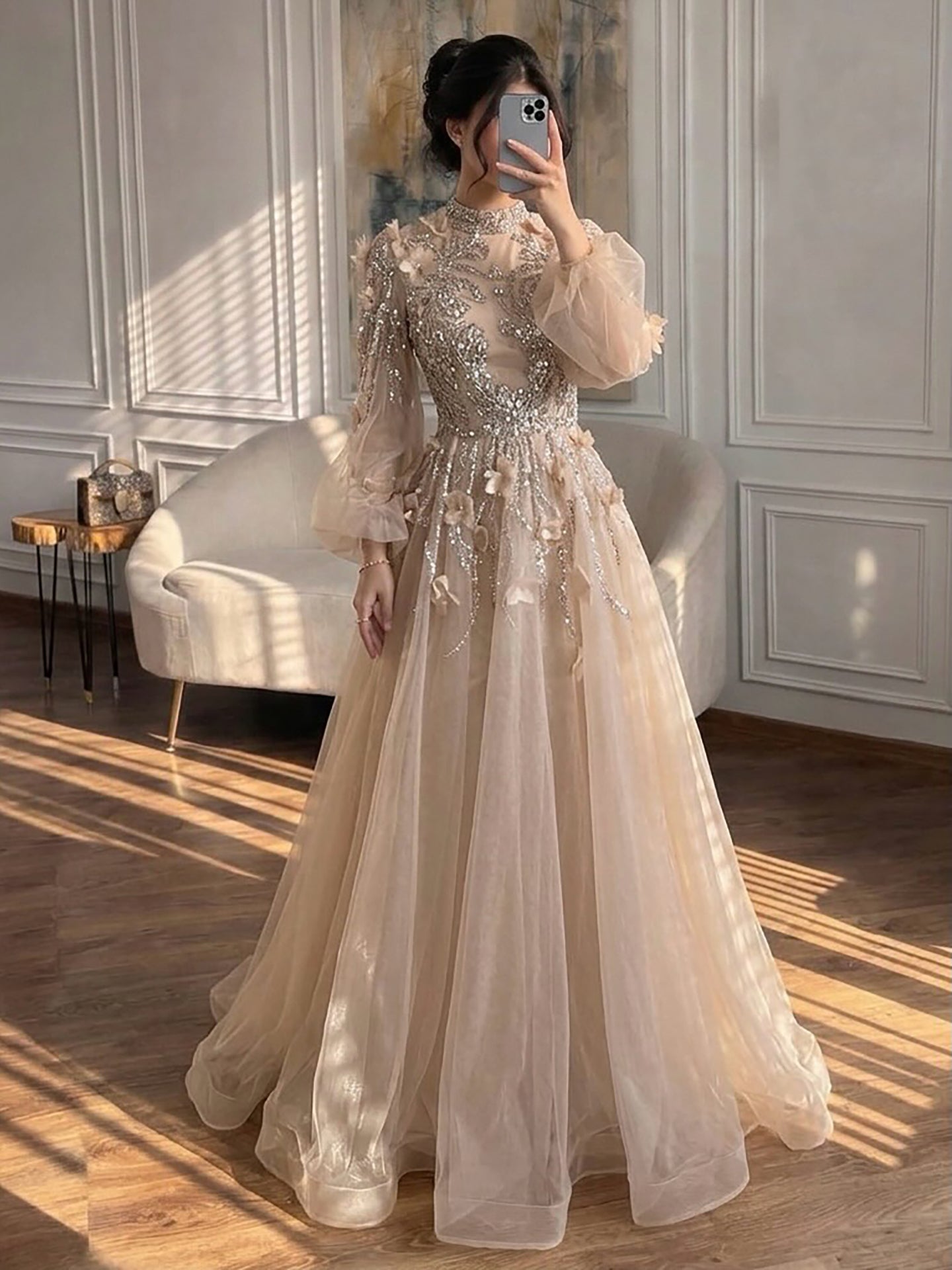 Luxury Nude Crystal Beaded Long Sleeve A-Line Evening Dress CLA73406