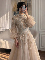 Luxury Nude Crystal Beaded Long Sleeve A-Line Evening Dress CLA73406