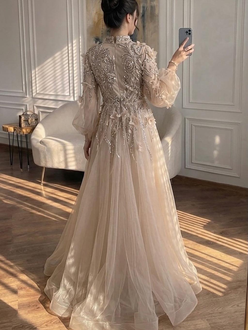 Luxury Nude Crystal Beaded Long Sleeve A-Line Evening Dress CLA73406