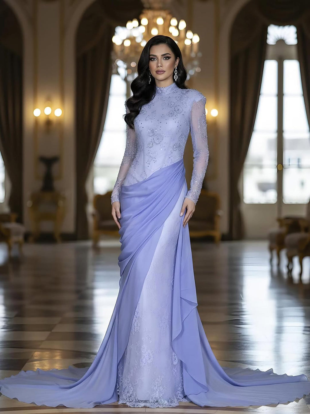 Luxury Lilac High Neck Beaded Mermaid Evening Dress CLA73407