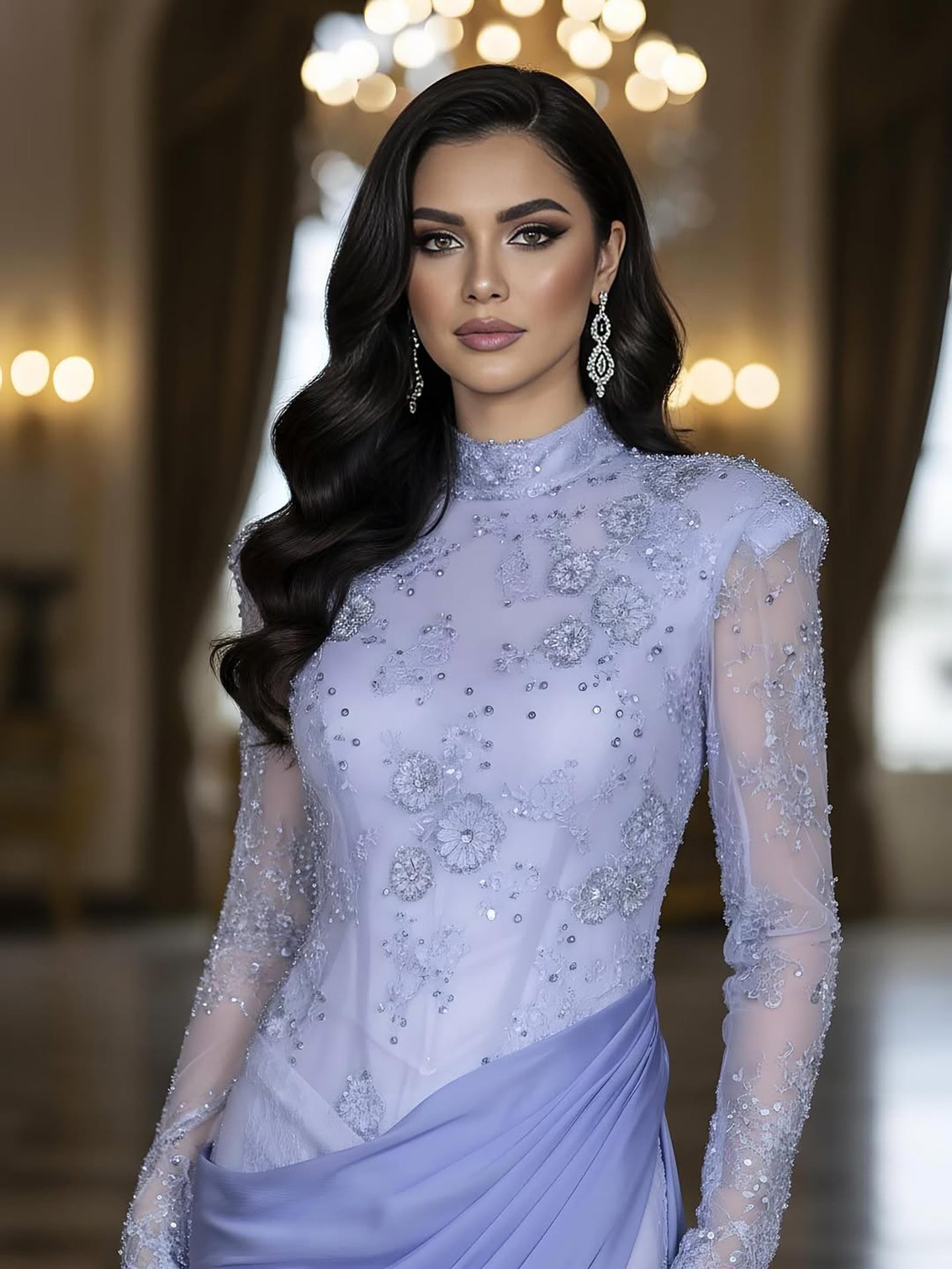 Luxury Lilac High Neck Beaded Mermaid Evening Dress CLA73407