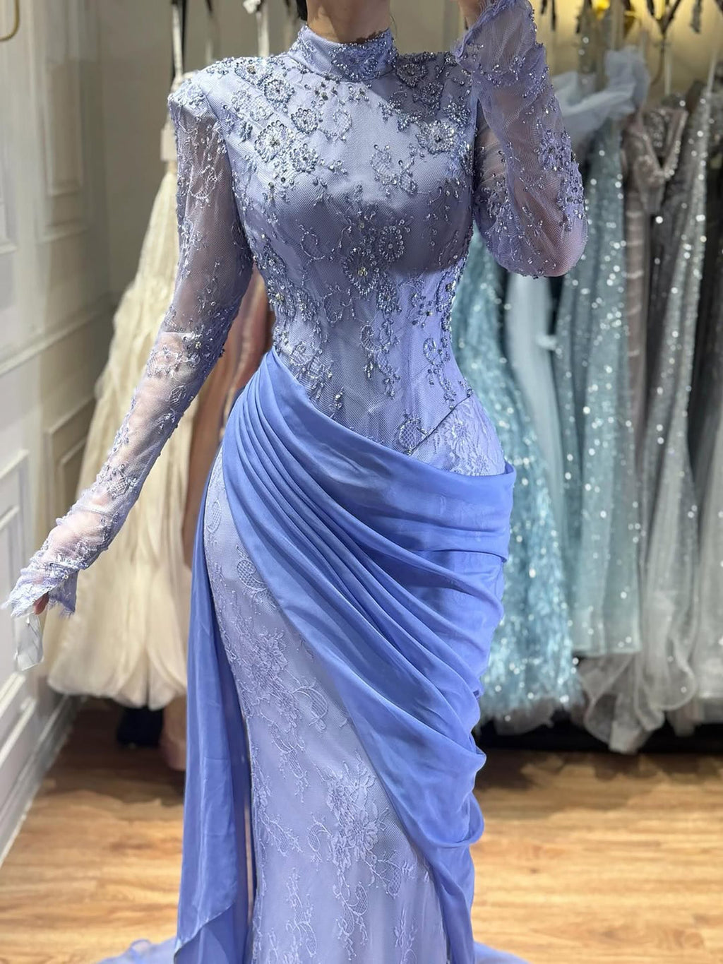 Luxury Lilac High Neck Beaded Mermaid Evening Dress CLA73407