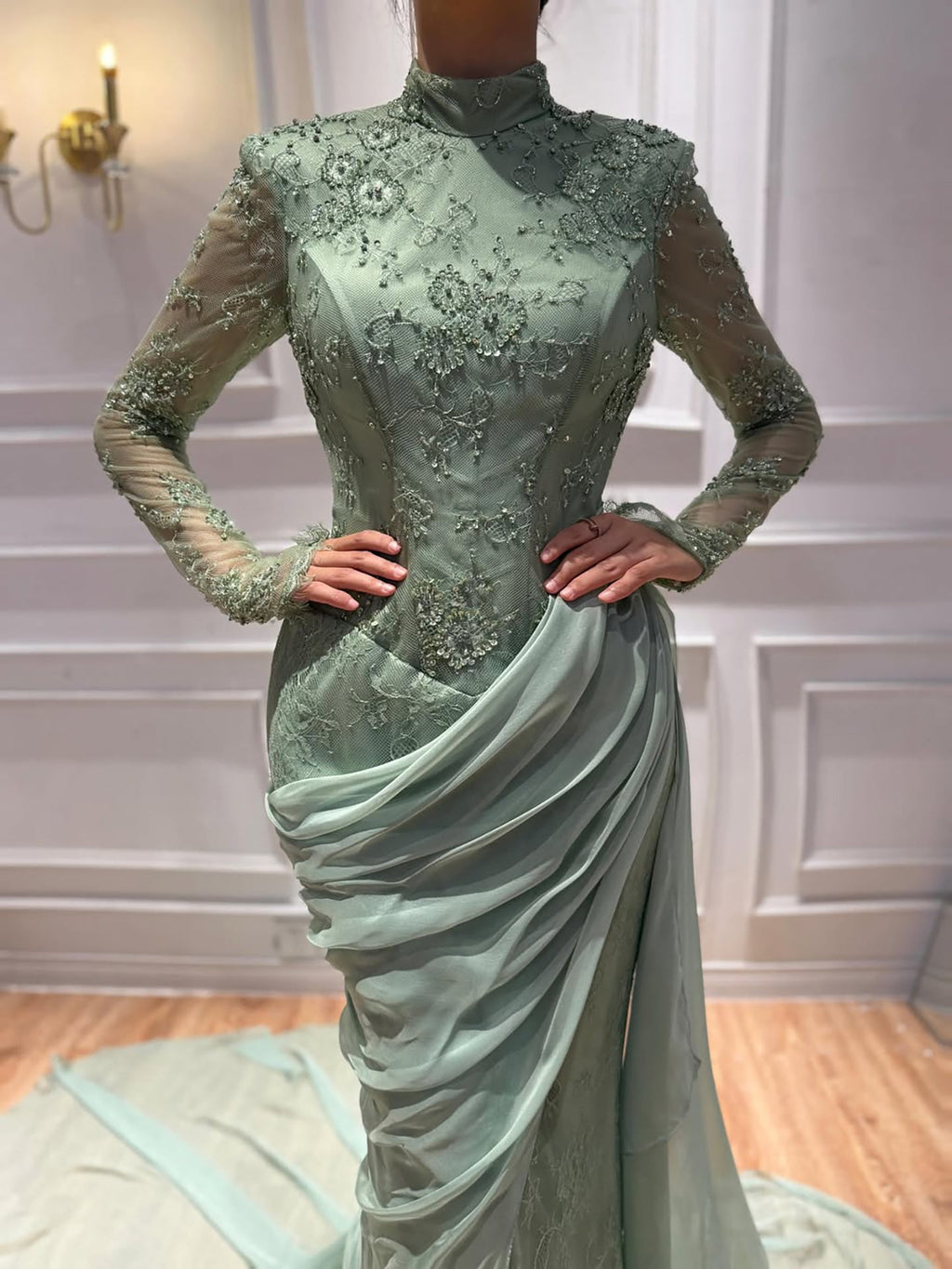 Luxury Lilac High Neck Beaded Mermaid Evening Dress CLA73407