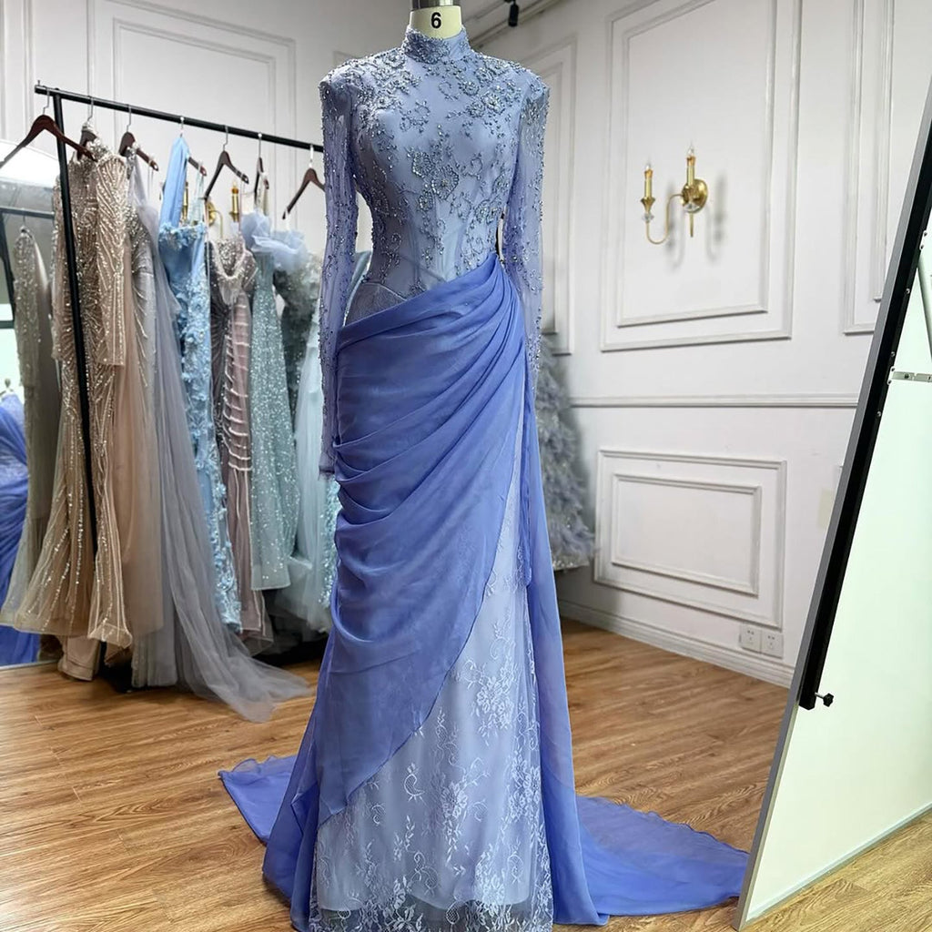 Luxury Lilac High Neck Beaded Mermaid Evening Dress CLA73407