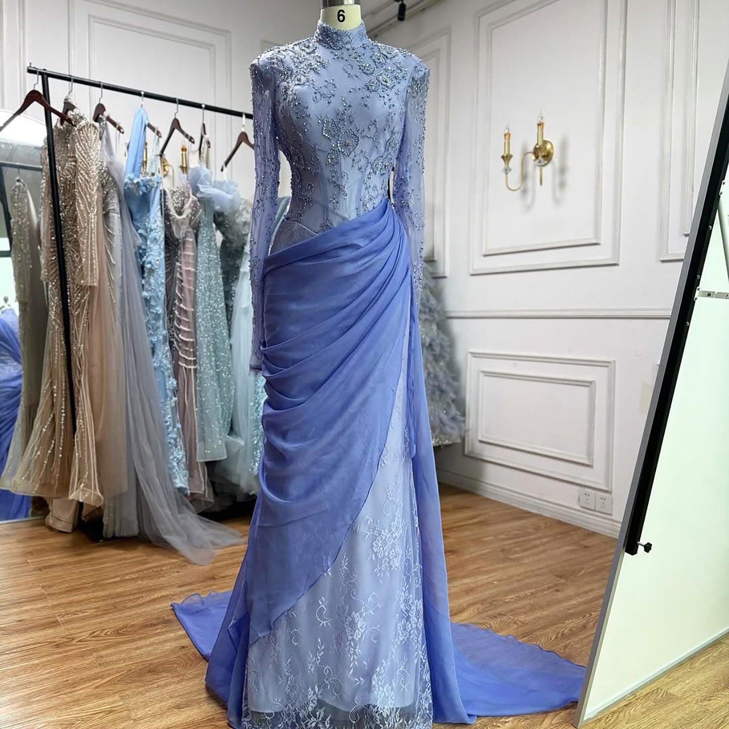 Luxury Lilac High Neck Beaded Mermaid Evening Dress CLA73407