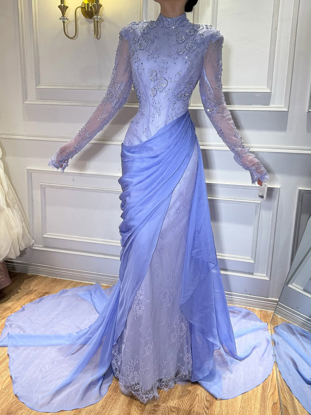 Luxury Lilac High Neck Beaded Mermaid Evening Dress CLA73407
