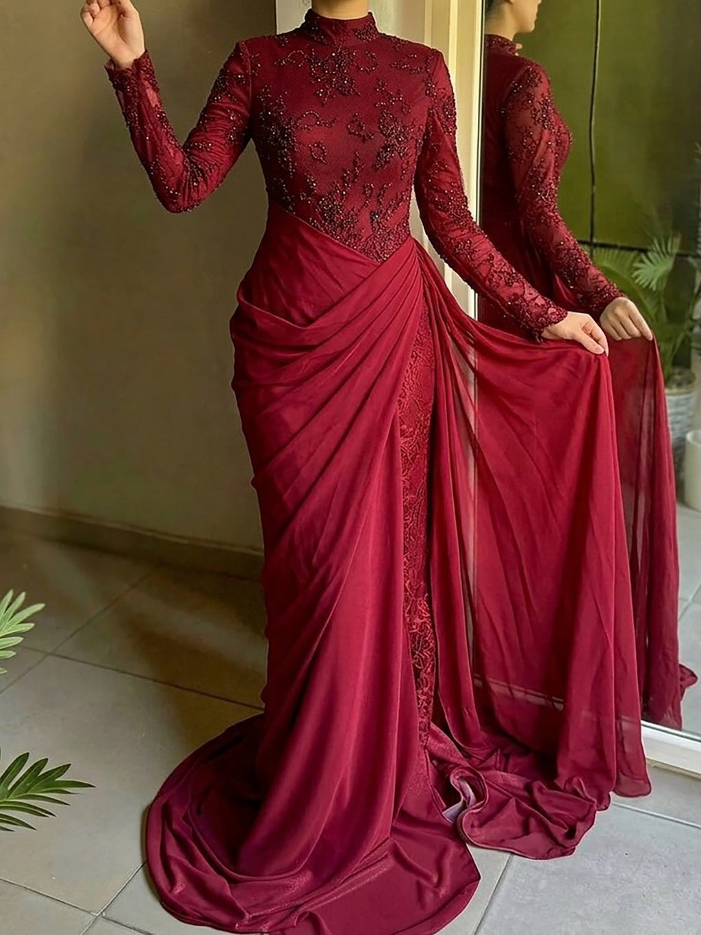 Luxury Lilac High Neck Beaded Mermaid Evening Dress CLA73407