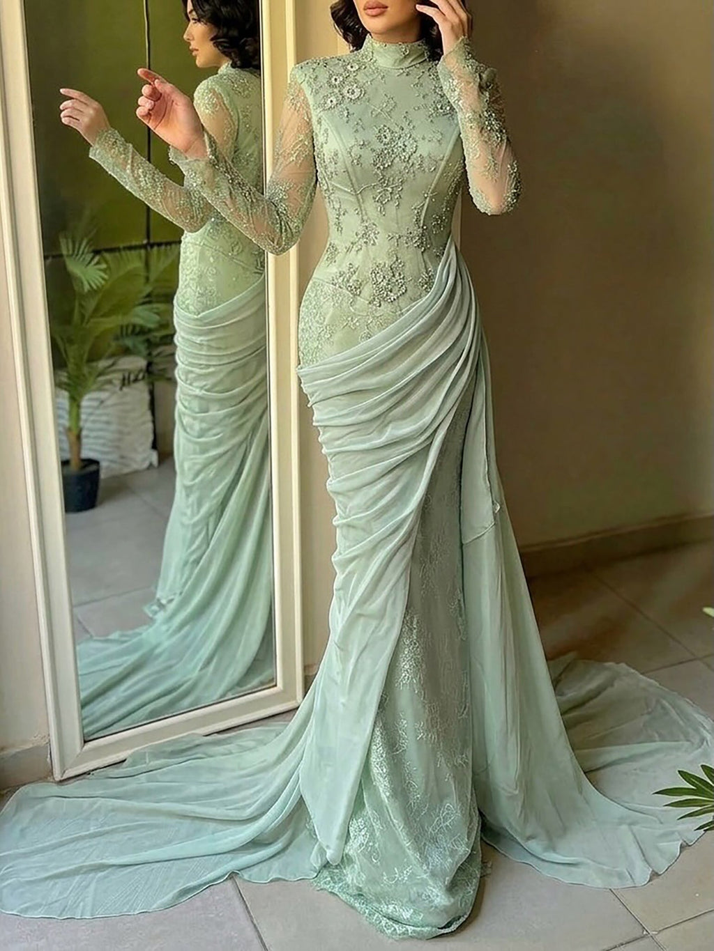 Luxury Lilac High Neck Beaded Mermaid Evening Dress CLA73407