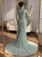Luxury Lilac High Neck Beaded Mermaid Evening Dress CLA73407