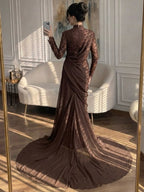 Luxury Lilac High Neck Beaded Mermaid Evening Dress CLA73407