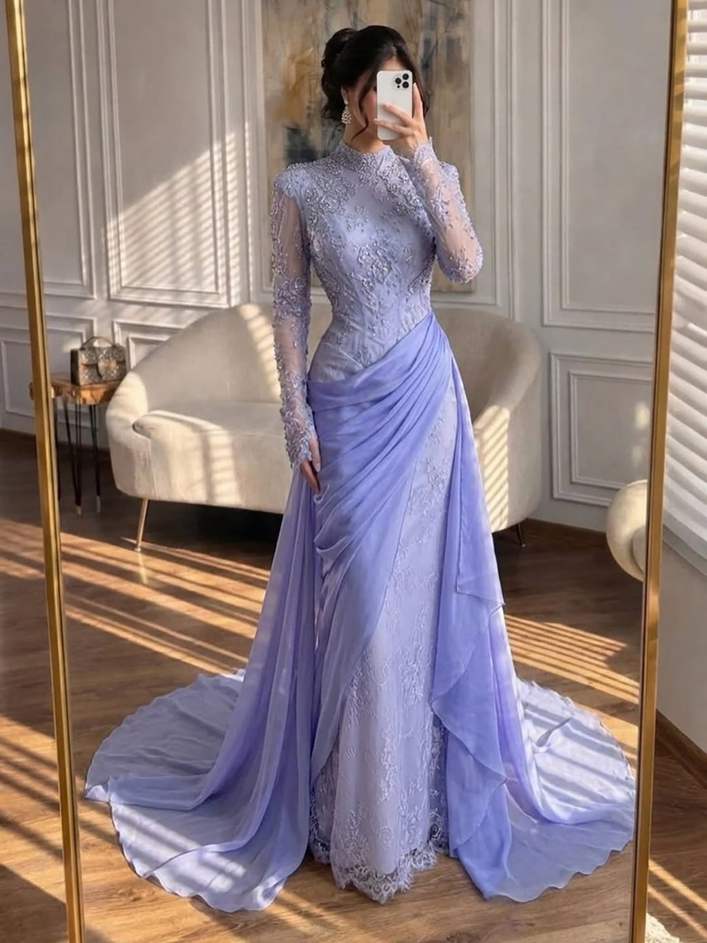 Luxury Lilac High Neck Beaded Mermaid Evening Dress CLA73407