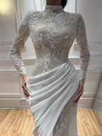 Luxury White Nude High Neck Beaded Mermaid Evening Dress LA73407A