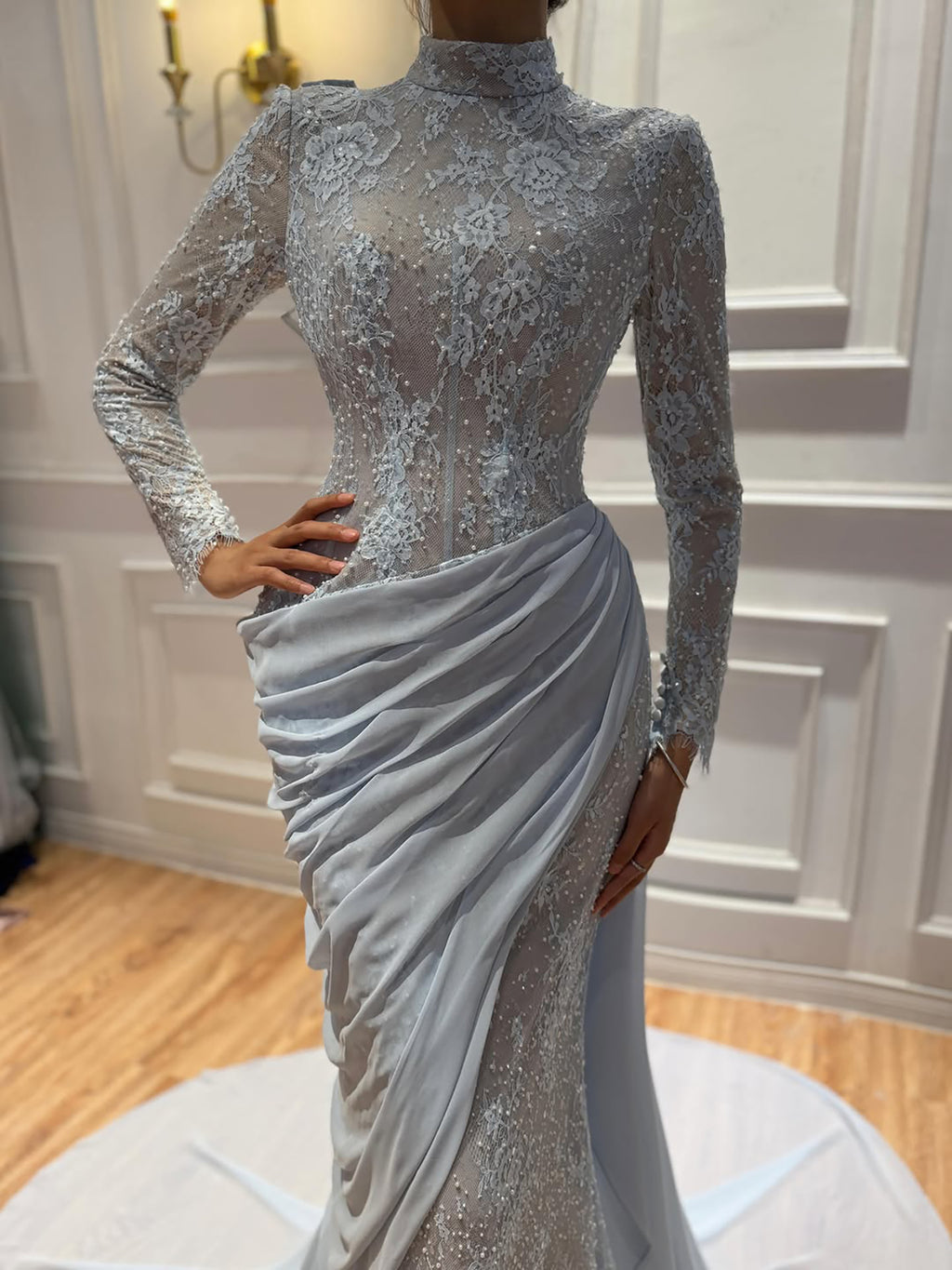 Arabic Modest Muslim Hijab Women Evening Dress Lace Chiffon Mermaid CLA73407A