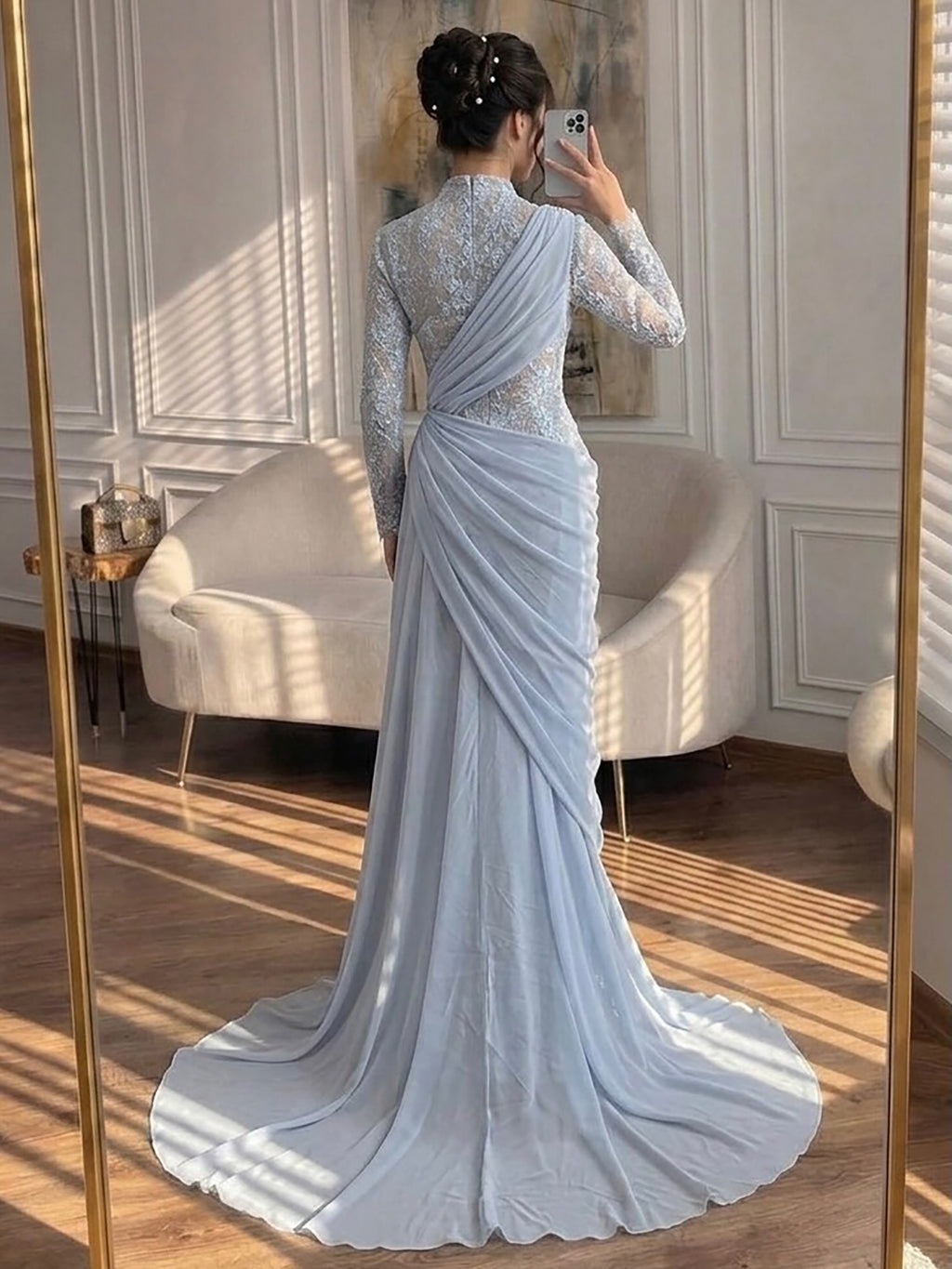 Arabic Modest Muslim Hijab Women Evening Dress Lace Chiffon Mermaid CLA73407A