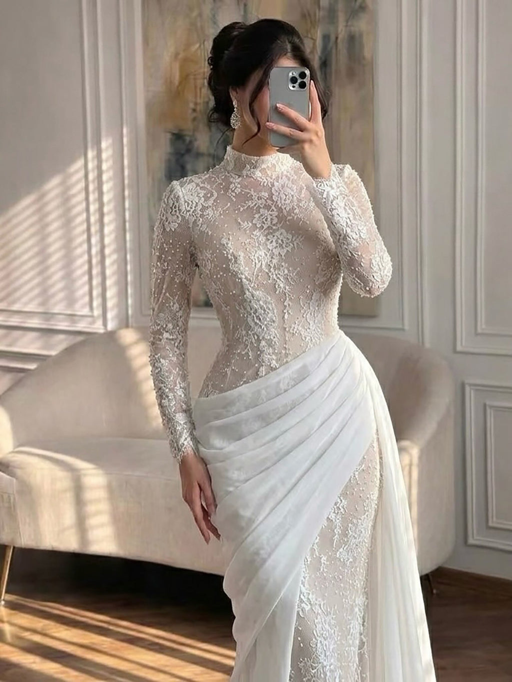 Luxury White Nude High Neck Beaded Mermaid Evening Dress LA73407A