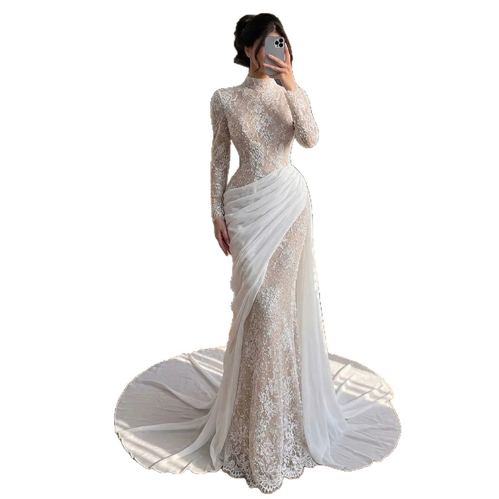 Luxury White Nude High Neck Beaded Mermaid Evening Dress LA73407A