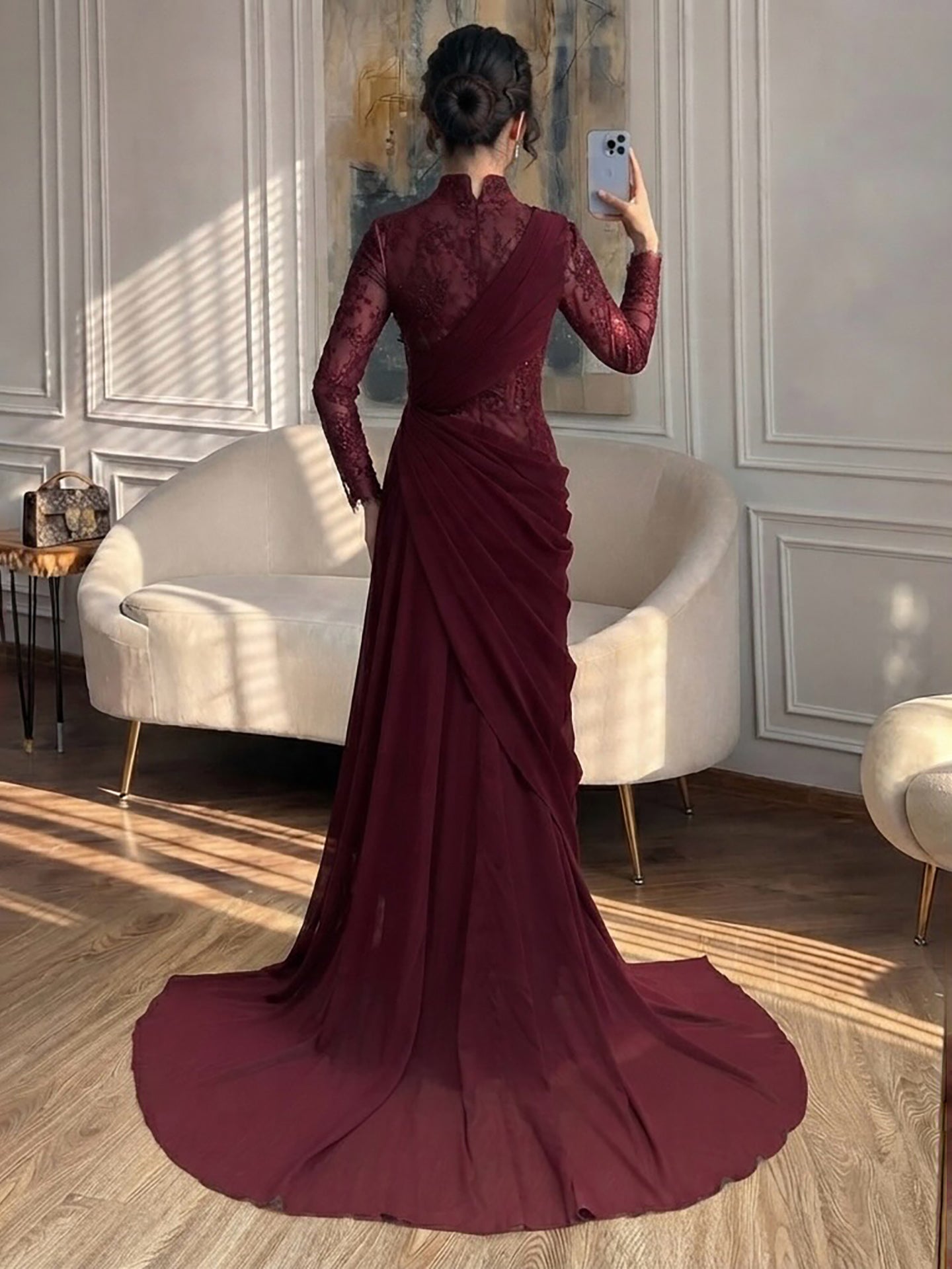 Luxury Wine Red High Neck Beaded Lace Mermaid Evening Dress LA73407B