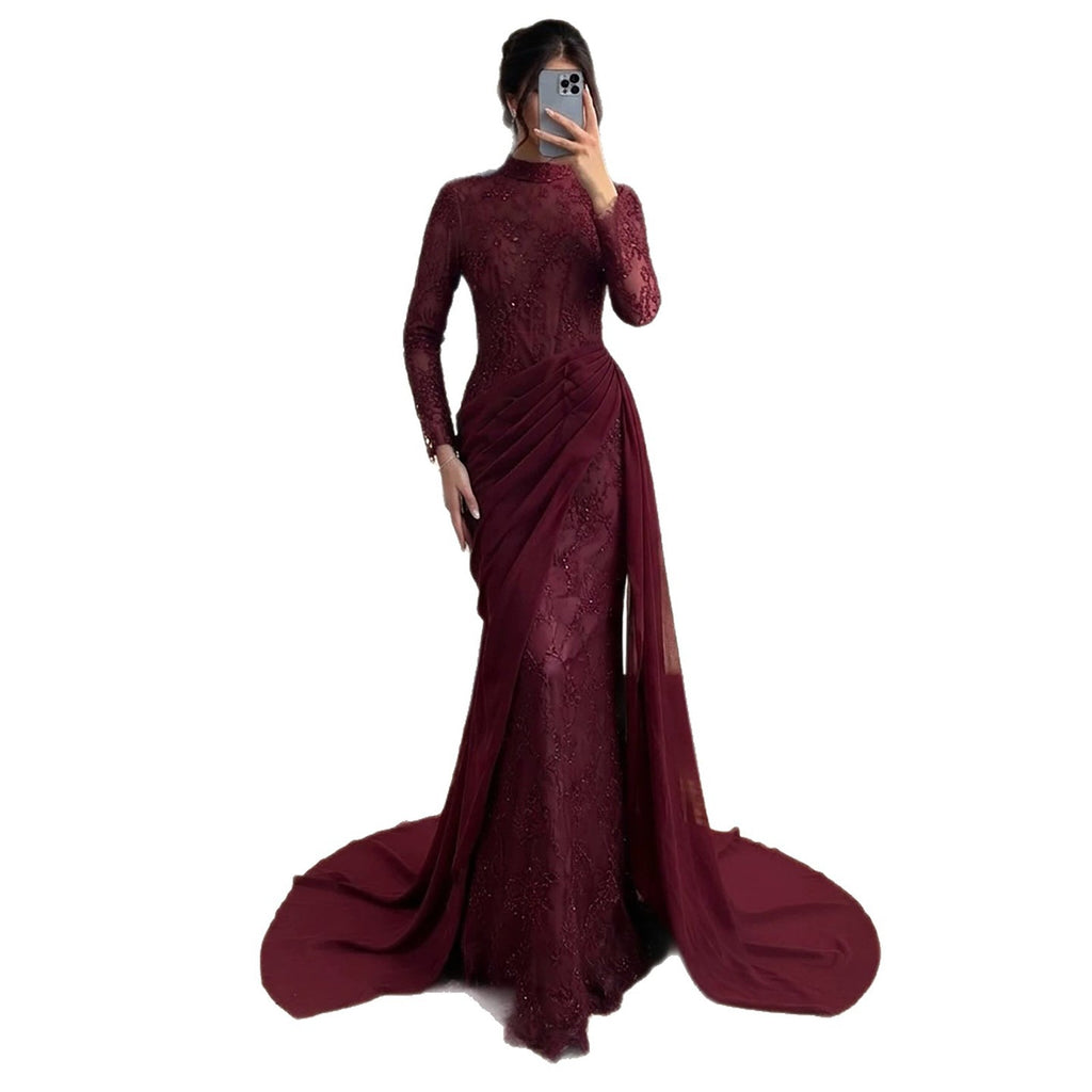 Luxury Wine Red High Neck Beaded Lace Mermaid Evening Dress LA73407B