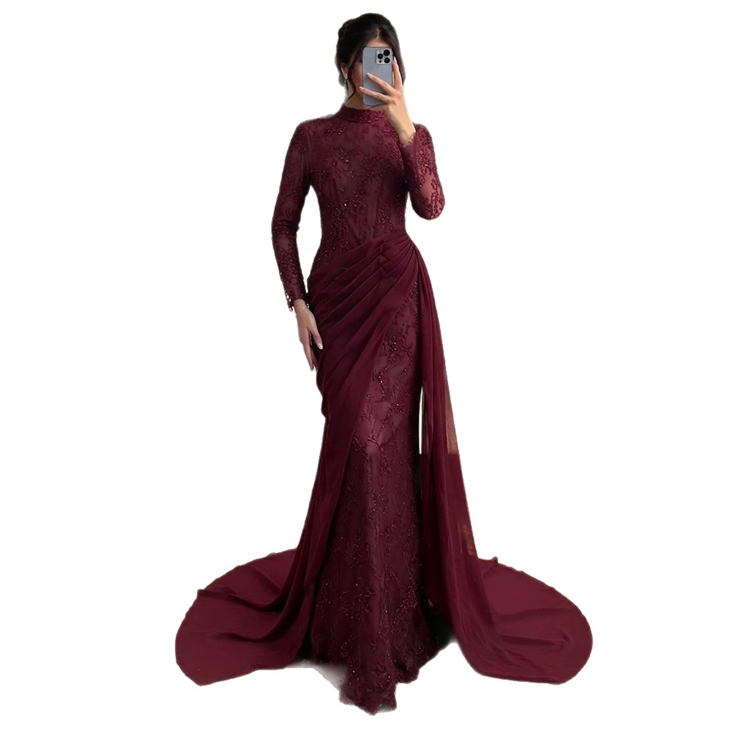 Luxury Wine Red High Neck Beaded Lace Mermaid Evening Dress LA73407B