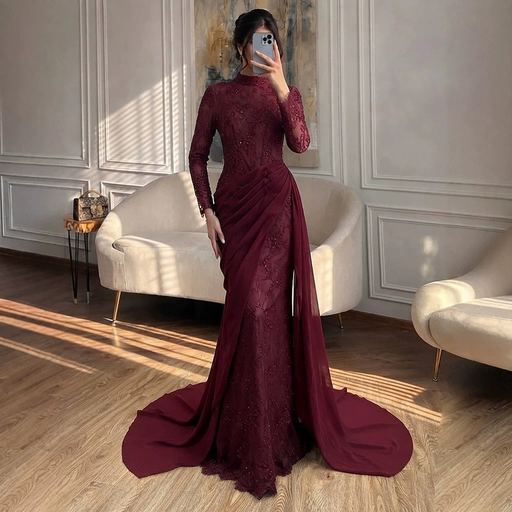 Luxury Wine Red High Neck Beaded Lace Mermaid Evening Dress LA73407B