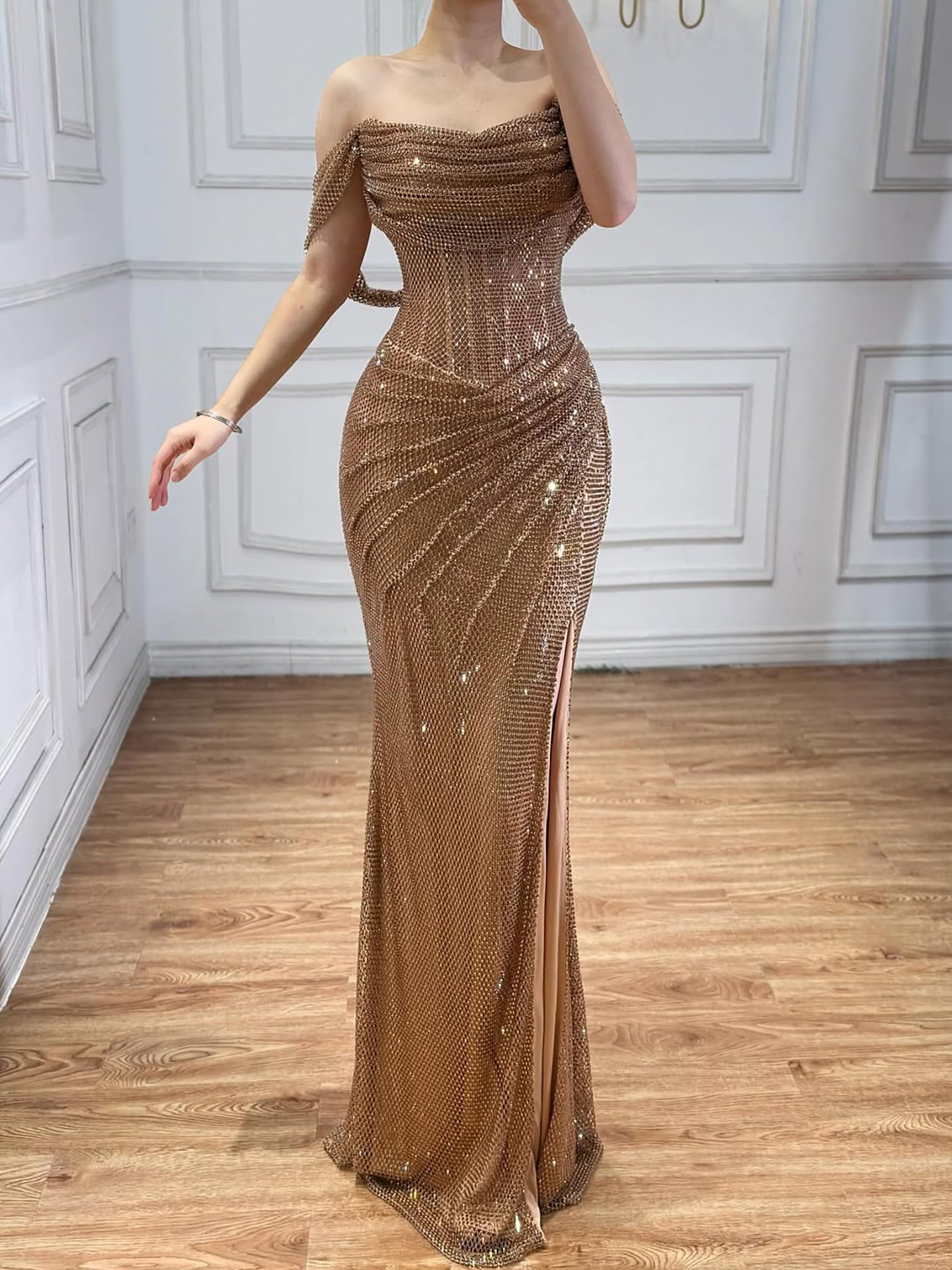 Kosovo Luxury Silver Diamonds Off Shoulder With Slit Mermaid Evening Dress CLA73410