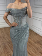 Kosovo Luxury Silver Diamonds Off Shoulder With Slit Mermaid Evening Dress CLA73410