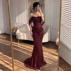 Luxury Wine Red Strapless Beaded Mermaid Evening Dress CLA73410A