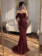 Luxury Wine Red Strapless Beaded Mermaid Evening Dress CLA73410A