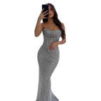Luxury Silver Beaded Strapless Mermaid Evening Dress LA73410A
