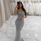 Luxury Silver Beaded Strapless Mermaid Evening Dress LA73410A