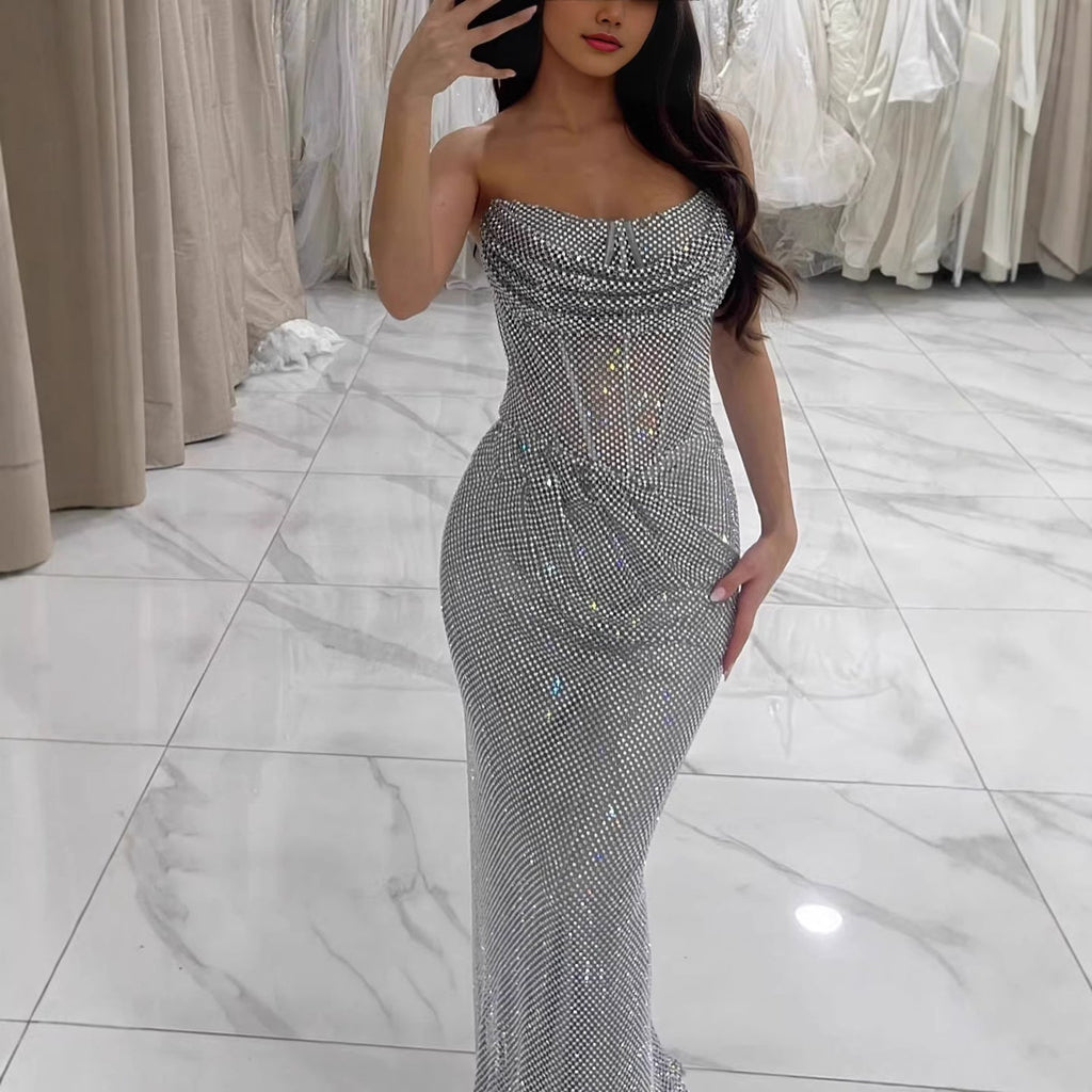 Luxury Silver Beaded Strapless Mermaid Evening Dress LA73410A