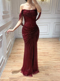 Luxury Wine Red Strapless Beaded Mermaid Evening Dress CLA73410A