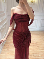 Luxury Wine Red Strapless Beaded Mermaid Evening Dress CLA73410A
