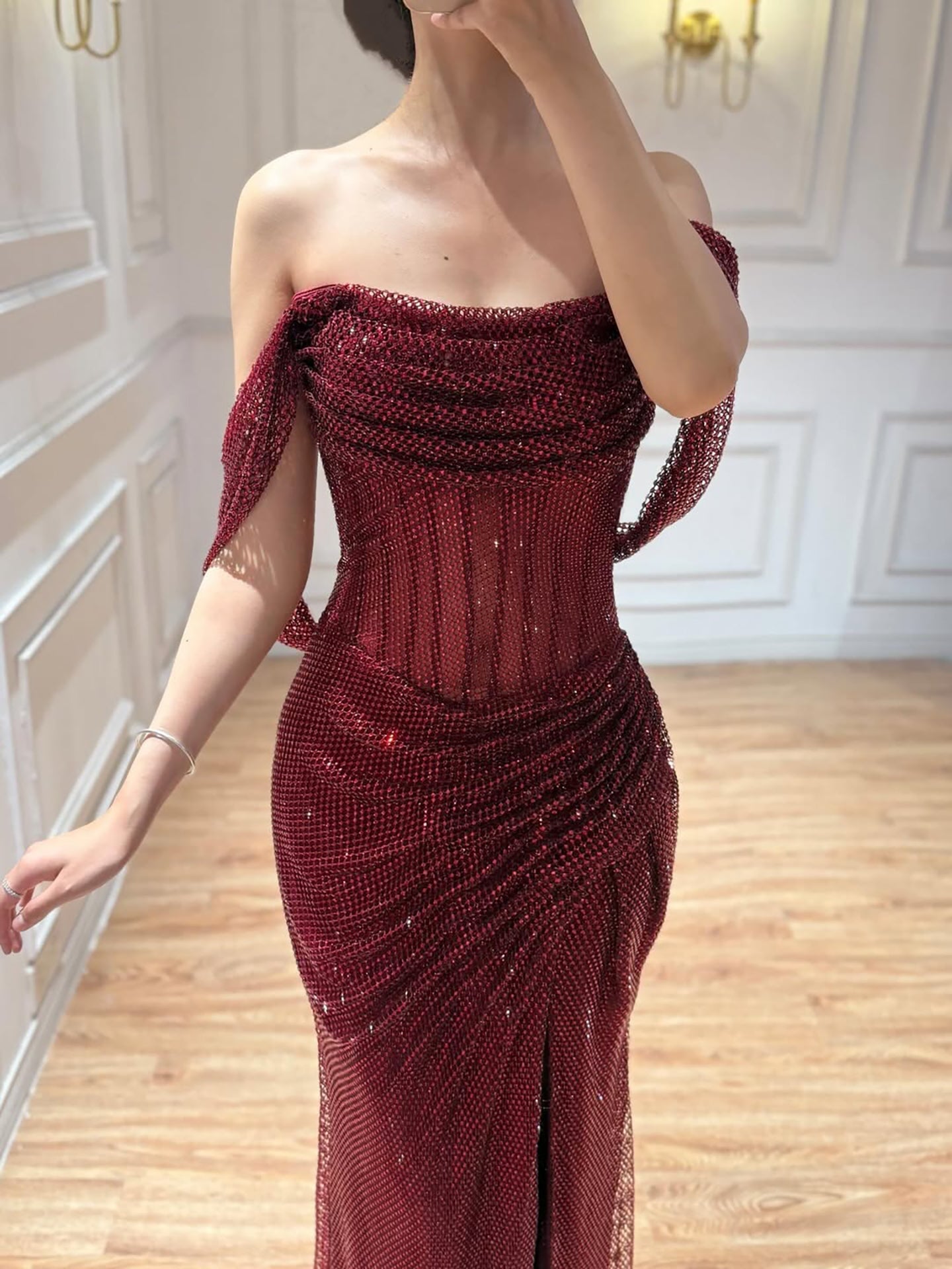 Luxury Wine Red Strapless Beaded Mermaid Evening Dress CLA73410A