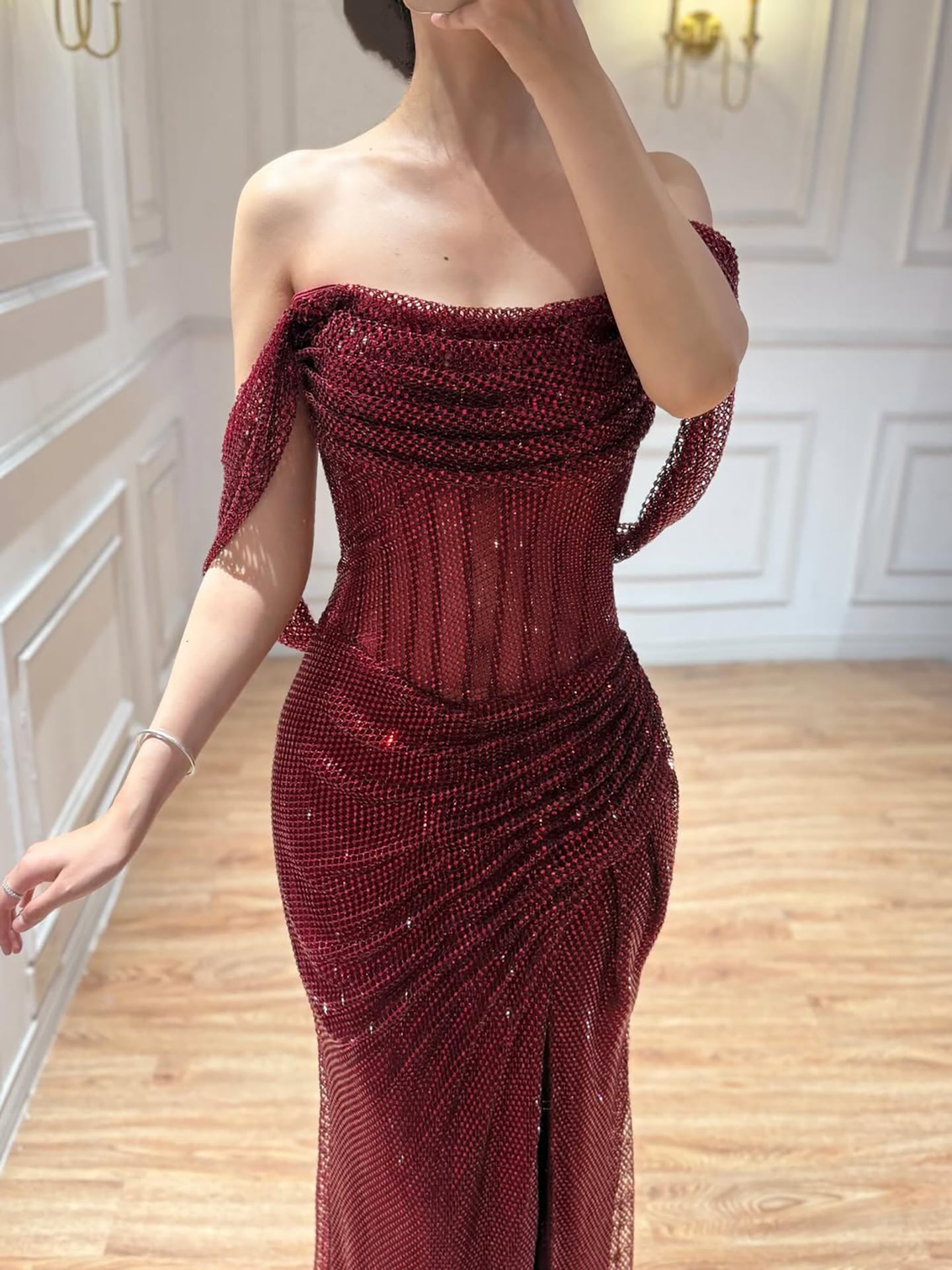Kosovo Luxury Silver Diamonds Off Shoulder With Slit Mermaid Evening Dress CLA73410