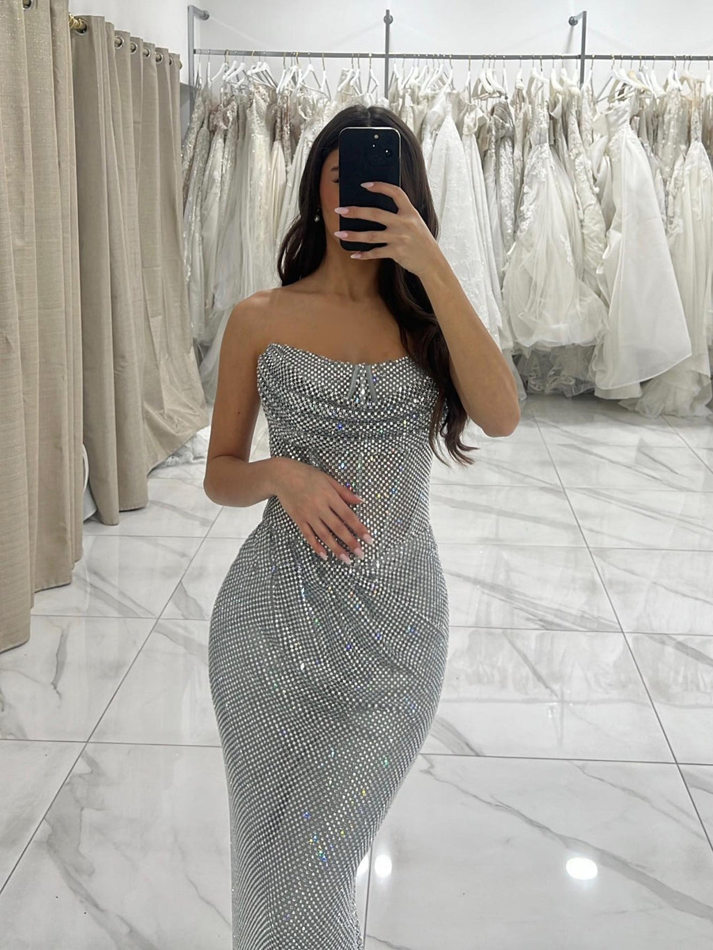 Luxury Silver Beaded Strapless Mermaid Evening Dress LA73410A