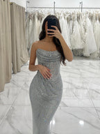 Luxury Silver Beaded Strapless Mermaid Evening Dress LA73410A